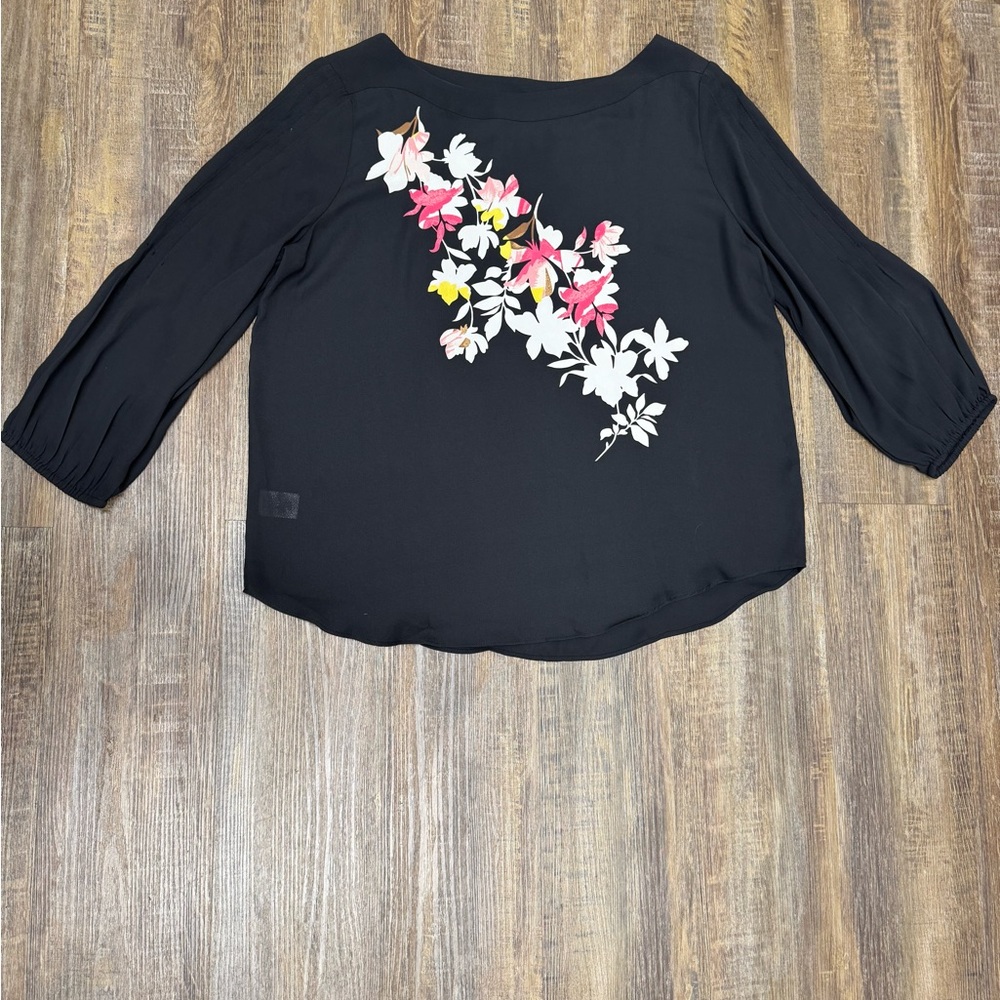 Ann Taylor Black Sheer Blouse with Pink, White & Yellow‎ Floral Accent LP